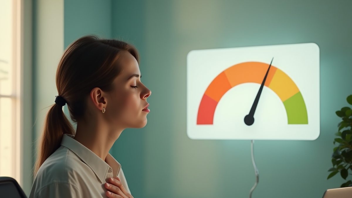 A person pausing to take a deep breath at a desk with a stress gauge overlay