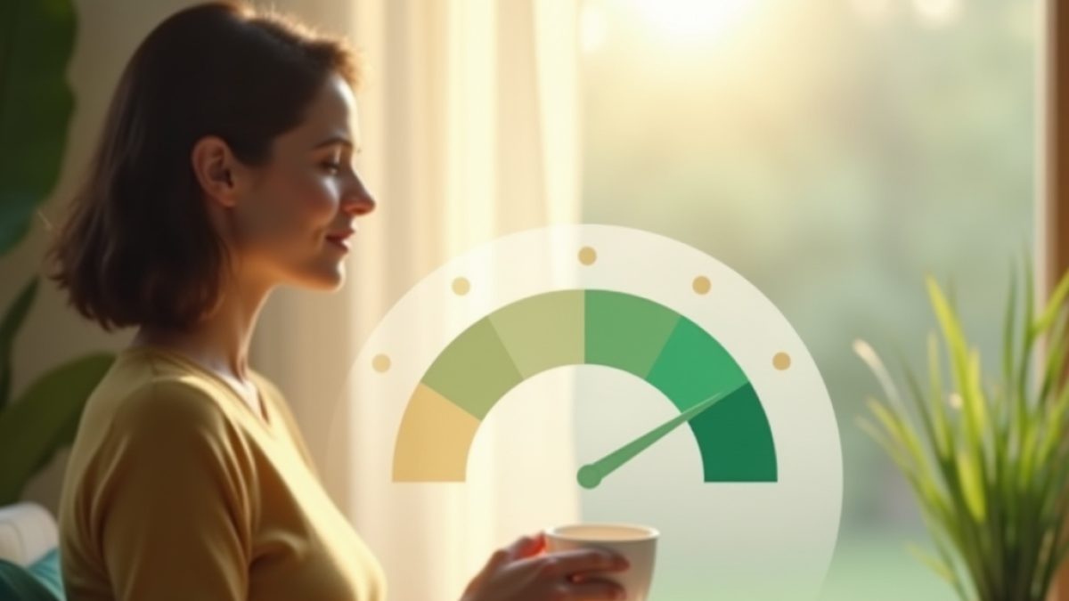 A calm person by a sunlit window with a well-being gauge overlay